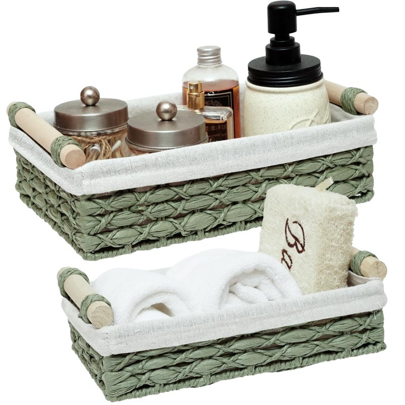 DUO ER DUOER Storage Basket Wicker Baskets for Organizing with Handle Decorative Storage Bins for Countertop Toilet Paper Storage Basket for Toilet Tank Top Small Baskets Set (Set of 2 Green) - Image 1